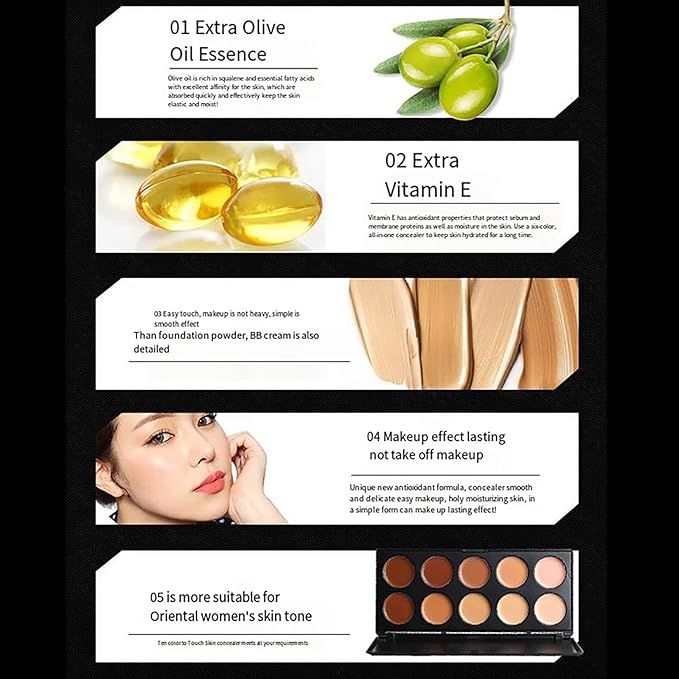 10 Shade Creamy Concealer Kit with Makeup Brush Set, 3 In 1 Professional Cream Concealer, Contour, Foundation, Color Corrector for Diminishes Appearance Dark Circles & Softens Fine Lines-BrightBean Baby