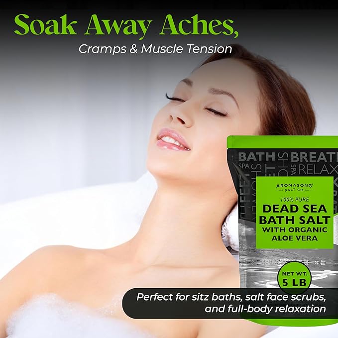 Aromasong Dead Sea Salt with Organic Aloe Vera, Spa Bath Salts, 5 Lbs Fine Bulk resealable Pack, 100% Pure & Natural, Soak for Women & Men for Tired Muscles & Skin Issues (Packaging May Vary)-BrightBean Baby