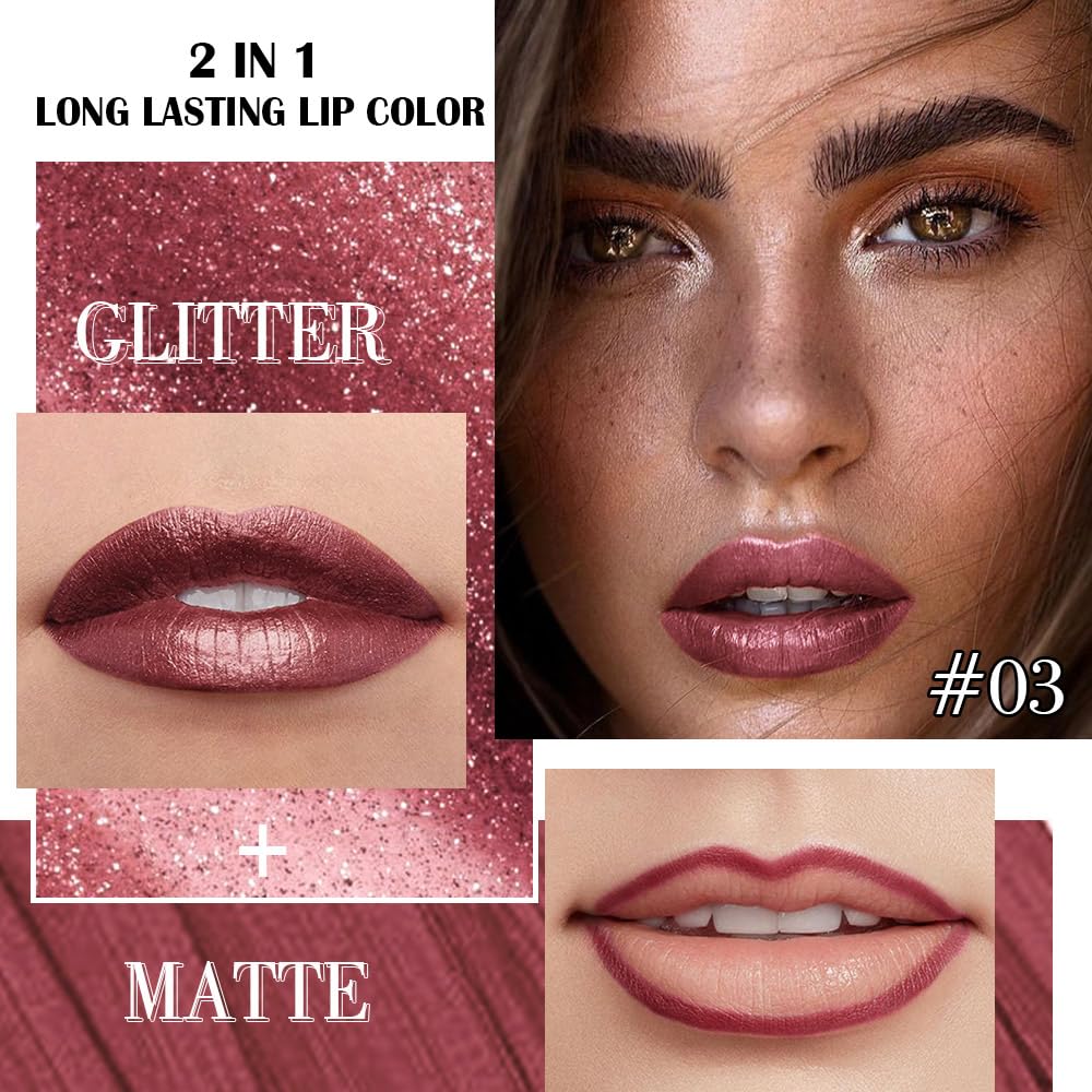 Kaely 2-in-1 Dark Wine Red Metallic Lipstick and Lip Liner, Shimmer Liquid Metallic Lipsticks for Women, Glitter Lip Gloss Stain Long Lasting Waterproof Smudge Proof 24 Hour, Vegan Makeup, 03-BrightBean Baby