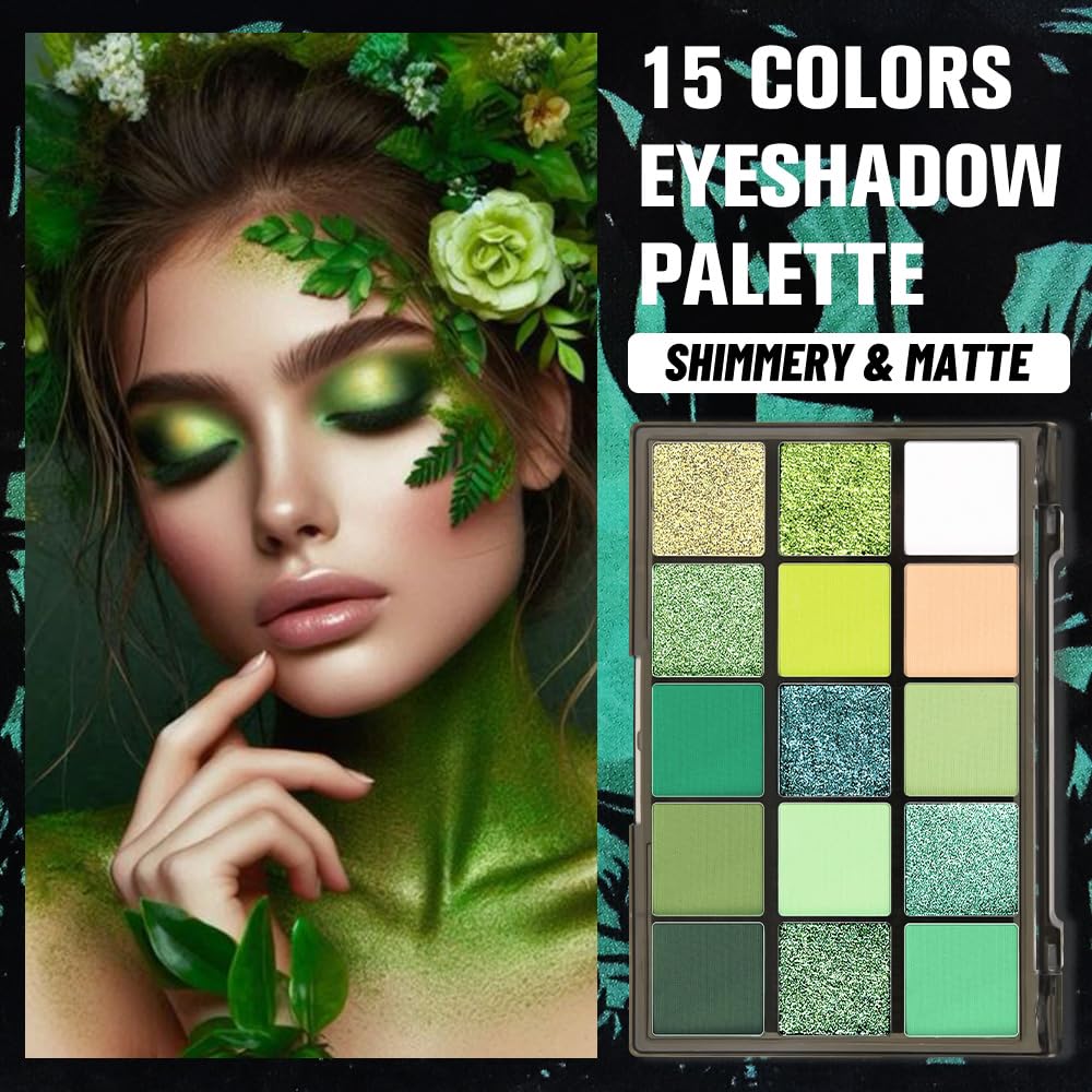 Smokey Green Eye Shadow Makeup Palette,15 Colors Bright Forest Emerald Dark Green Shimmer Matte Makeup Pallet,Long Lasting Waterproof for Daily and Halloween-BrightBean Baby