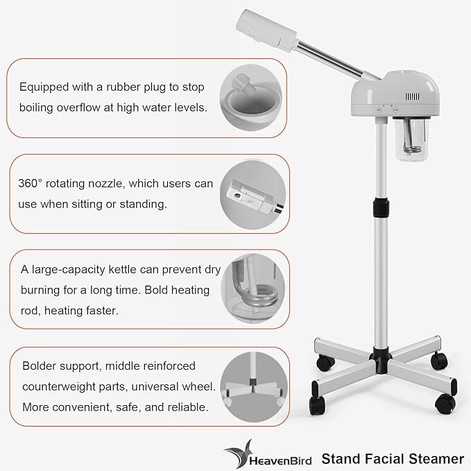 Stand Professional Ozone Facial Steamer with Touch Control, Adjustable Height & Rolling Base, 360° Rotatable Nozzle, Hot Mist Function, Use for Home, Salon SPA (White)-BrightBean Baby