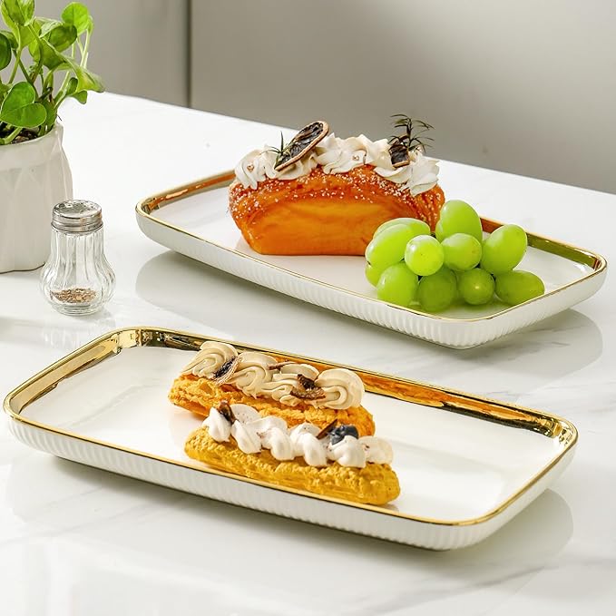 LETAOTAO Serving Platters, Ceramic Serving Platters Set of 4, 12 Inch Rectangular Serving Trays Dishes for Party Entertaining, White Dinner Plates with Gold Trim for Sushi Desserts Appetizers Salad