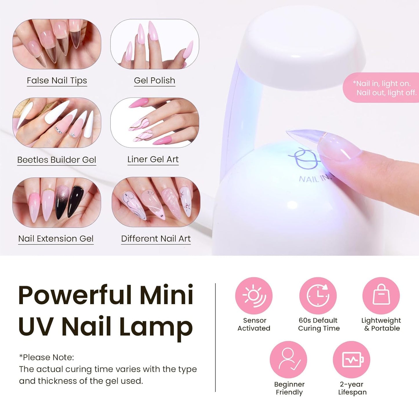 Beetles Tipex Instant Apex Nail Tips Kit Halloween Nails, Medium Stiletto, 224 Pcs 16 Sizes Pre-Building Pre-Etched False Nail Tips with Tipex Nail Glue, Mini Nail Lamp-BrightBean Baby