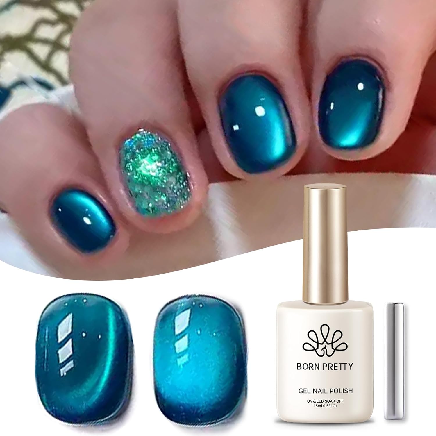Born Pretty Cat Magnetic Gel Nail Polish, Sea Blue Crystal Cat, Holographic Magnetic Nail Art Manicure Salon DIY at Home 15ML-BrightBean Baby