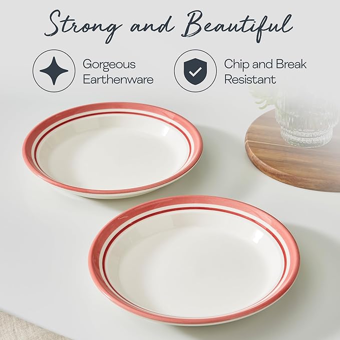 Portmeirion Potter's Stripe 8" Dinner Plate (Set of 4) - Handcrafted Earthenware Plates with Accent Rim, Microwave & Dishwasher Safe - Ideal Tableware for Modern & Traditional Dining (Red Stripe)