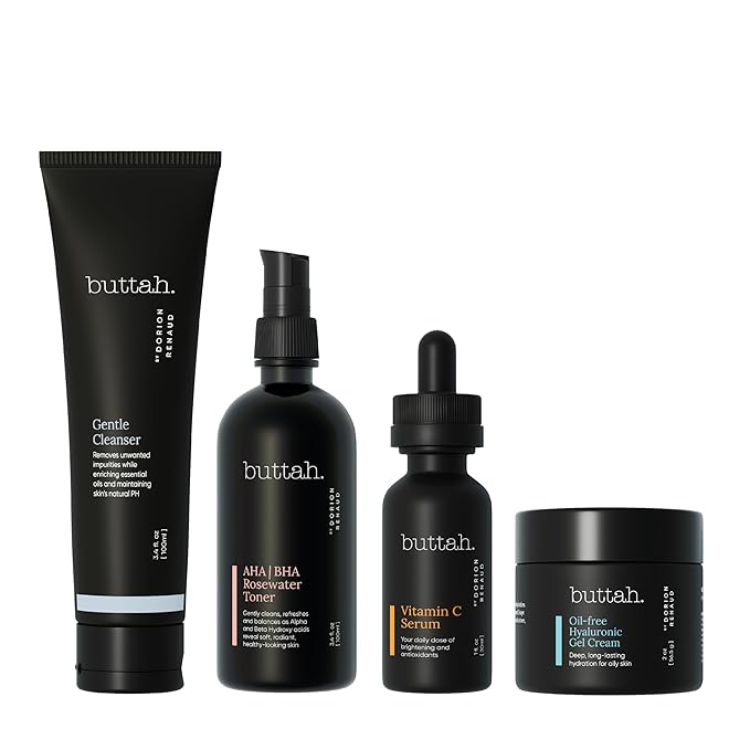 Buttah Skin Supreme Kit for Melanin Rich Skin | Oil-Free Hyaluronic Gel Cream 2 oz | Vitamin C Serum 1 oz | Cleanser 3.4 oz | Rosewater Toner 3.4 oz | Black Owned Skincare-BrightBean Baby