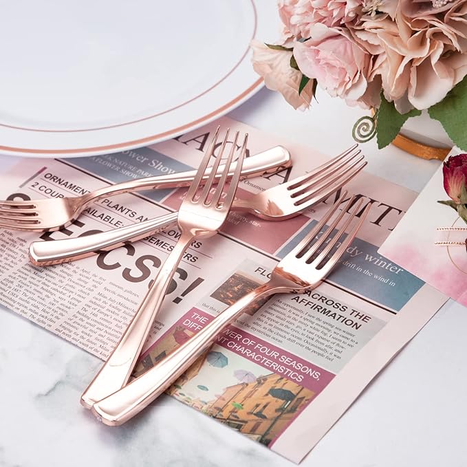 Liacere 200 Pack Rose Gold Disposable Forks - 7.4 Inch Heavy Duty Plastic - Rose Gold Silverware for Catering, Parties, Dinners, Weddings & Mother's Day