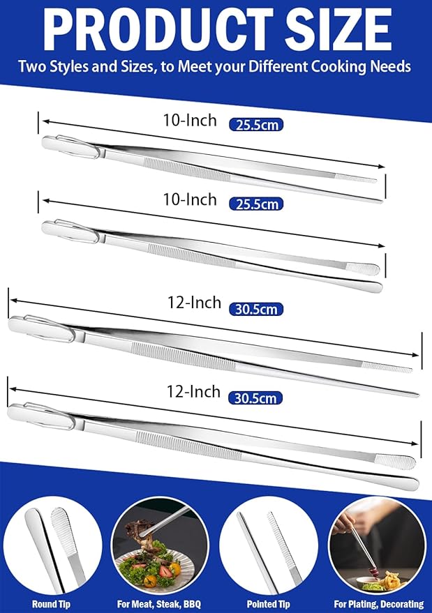 JETKONG 4 Pcs Kitchen Tweezers, 12'' and 10'' Stainless Steel Cooking Tweezers Set, High-Precision Tweezer Tongs for Cooking, Repairing, Seafood and BBQ (Silver)