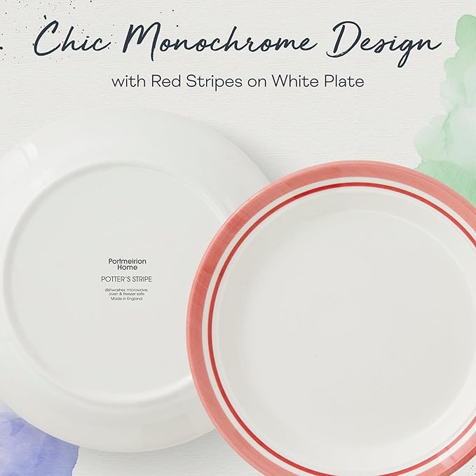 Portmeirion Potter's Stripe 8" Dinner Plate (Set of 4) - Handcrafted Earthenware Plates with Accent Rim, Microwave & Dishwasher Safe - Ideal Tableware for Modern & Traditional Dining (Red Stripe)