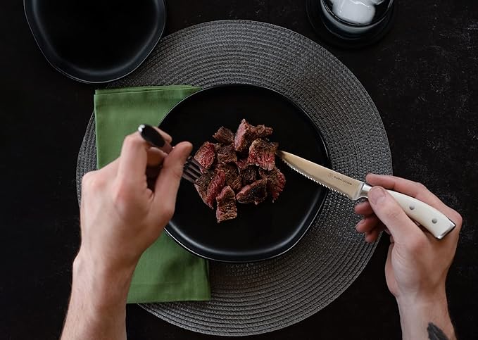 DURA LIVING 4-Piece Serrated Kitchen Steak Knife Set – Forged High Carbon Stainless Steel, Ultra Sharp, Ergonomic Black Handles, Durable Dinner Knives, Cream Handle