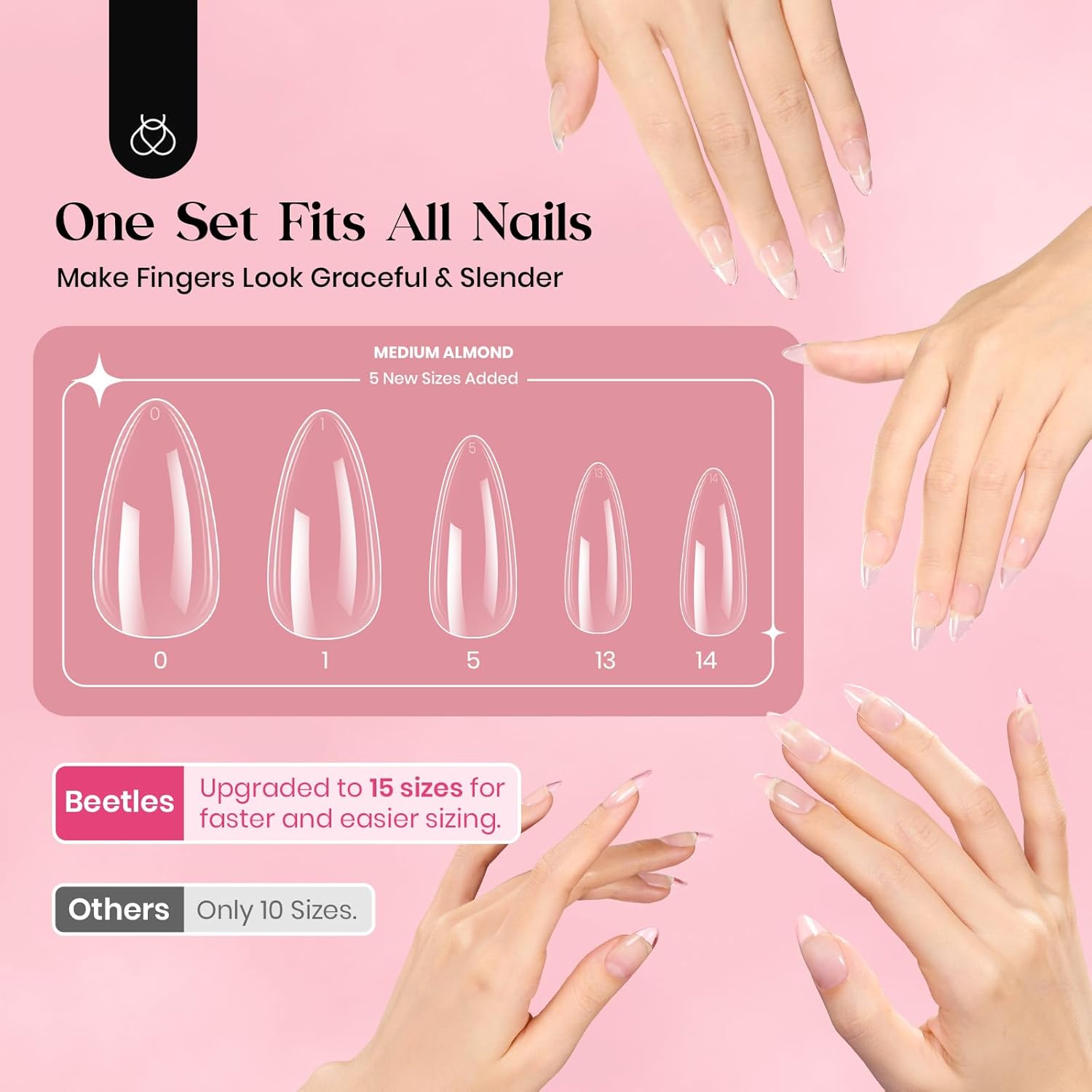 Beetles Gel Nail Kit, 300Pcs Almond Medium Nail Tips with Solid Nail Gel Glue,15 Sizes Soft Clear Nail Tips with Base Coat, Handheld Nail Lamp, Easy Nail Extension Set DIY Manicure Art Gift for Girls-BrightBean Baby