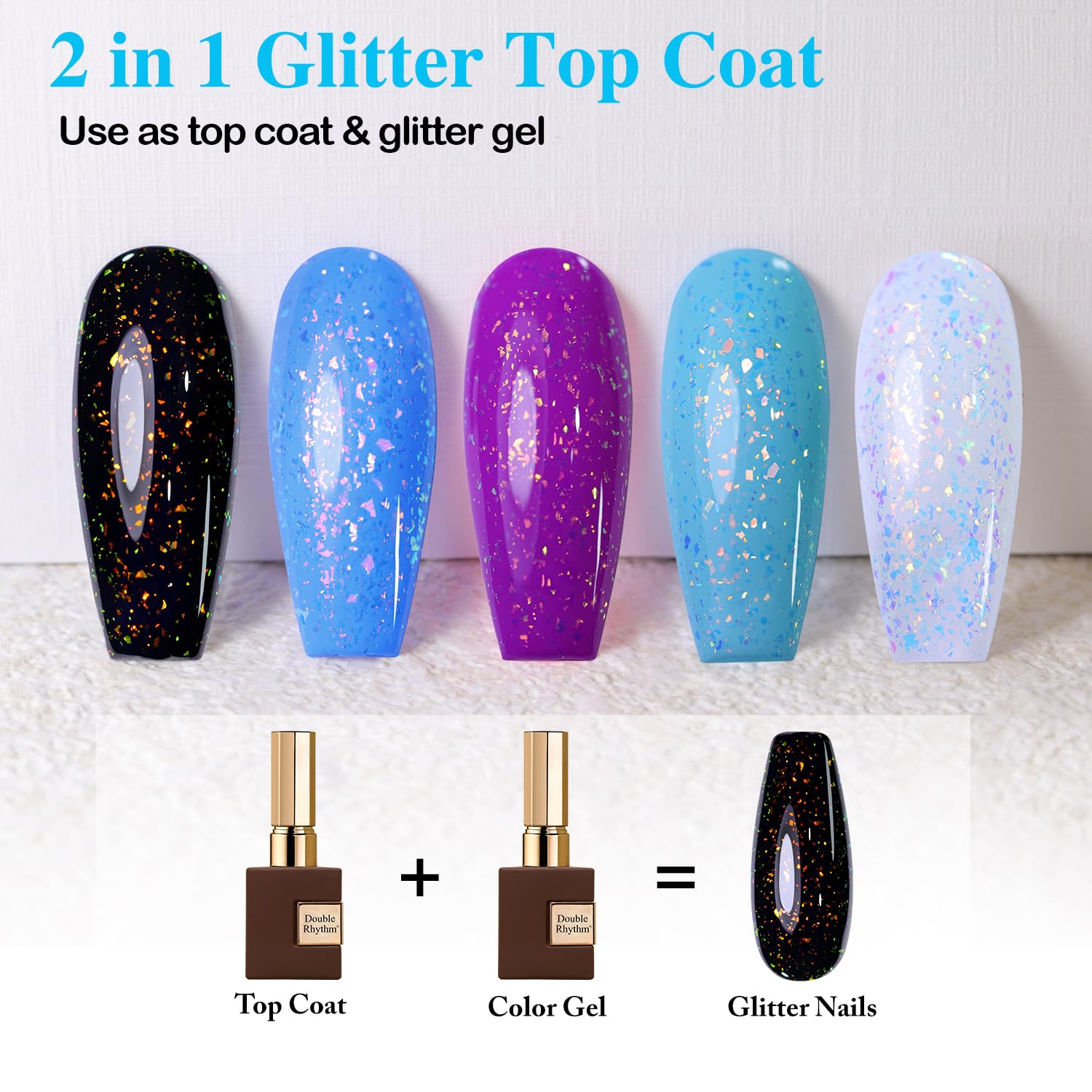 Double Rhythm 15ML No Wipe Gel Top Coat Base Coat Iridescent Glitter Shimmer 2 in 1 Nail Polish Soak Off Manicure DIY Home Salon (AURORA TOP COAT 6)-BrightBean Baby