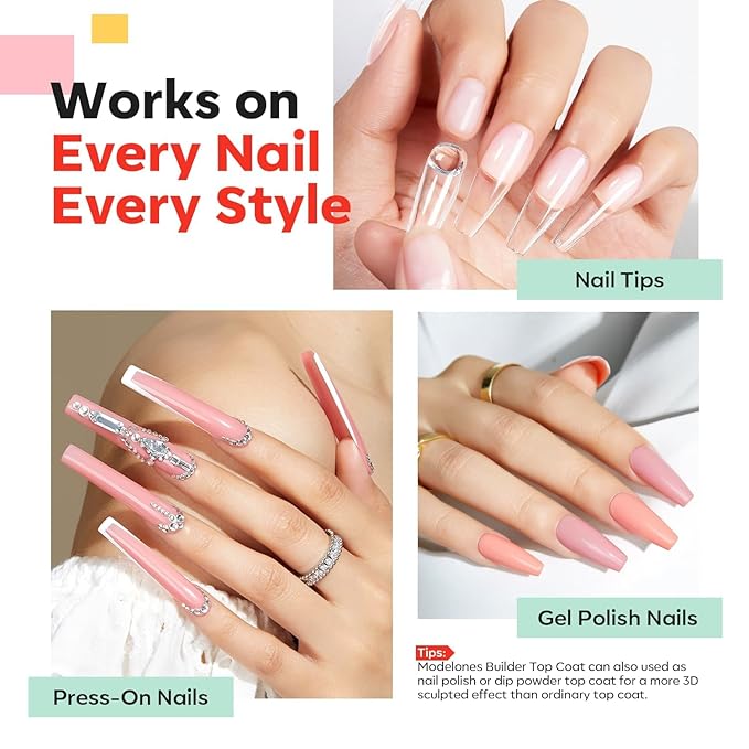 modelones Nail Builder Gel Top Coat, 2-in-One Clear Builder for Nails, LED Lamp Cured Top Coat Strengthener Glue Gel Polish in a Bottle for DIY Home Salon Gifts, 15ML-BrightBean Baby