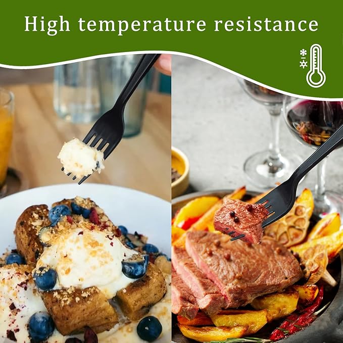 300 Count Compostable Forks, Non Plastic Forks, Black Disposable Forks, Heavy Duty Plastic Silverware, Eco Friendly Compostable Utensils for Party Wedding Picnic