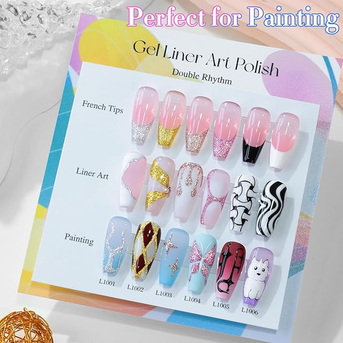 Double Rhythm 6 Pcs 15 ML Gel Liner Polish Nail Art Set Chrome Metallic Glitter Soak Off Gel Polish Kit Nail Art Manicure Salon DIY at Home for Women (Gold Silver Black White-T6-52)-BrightBean Baby