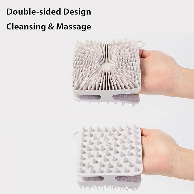 2 PC Silicone Exfoliating Body Scrubber, Silicone Body Shampoo Brush, Soft Silicone Loofah for Sensitive Skin, Shower Silicone Hair Scalp Massager, Easy to Clean, Lather Well(Gray&Pink)-BrightBean Baby