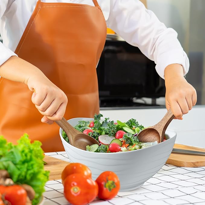 Extra Large Elegant Ceramic Oval Salad Bowl Set with Premium Acacia Wood Salad Serving Utensils - Large Capacity, Stylish and Practical, Kitchen Must-Have