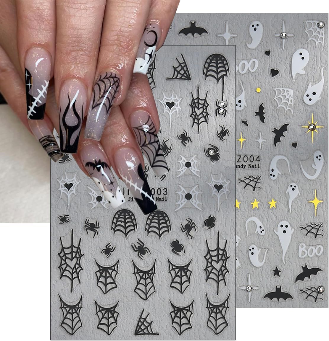 6Sheets Halloween Nail Stickers for Nail Art,3D Self-Adhesive Cute Ghost Spider Web Nail Decals with Rhinestones Design,Pink Pumpkin Spiders Skull Nail Art Stickers for Women Girls DIY Nail Decoration-BrightBean Baby