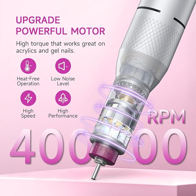 Electric Nail Drill Professional, Portable Nail File for Acrylic Gel Nails, Cordless Rechargeable Ultra Power Nail Drill Kit 40000RPM, HMC320 Salon-Grade Efile Nail Machine (White)-BrightBean Baby