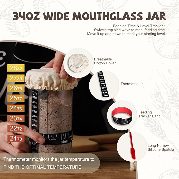 Sourdough Starter Kit, 26PCS Sourdough Bread Baking Supplies, Including a Sourdough Starter Jar (34OZ), Silicone Banneton Bread Proofing Basket Set of 2 (Silver cover, Large glass mouth)