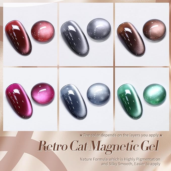 Born Pretty Cat Magnetic Eye Gel Nail Polish, Fall Winter Retro Cat Magnetic Gel, Pink Brown Blue Gray Green Magnetic Soak Off Nail Art Salon Manicure Home Gift 7ML 6PCS-BrightBean Baby