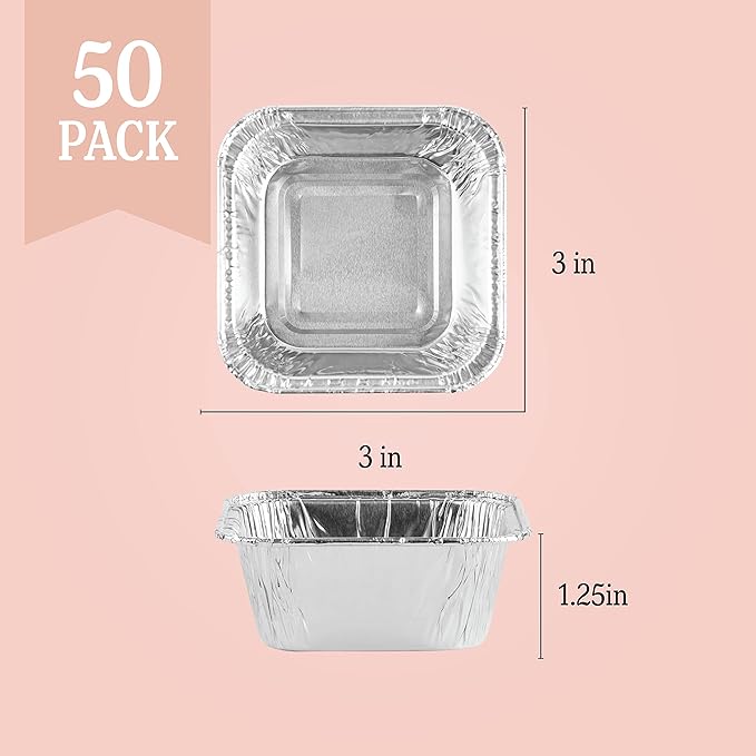 PLASTICPRO Disposable 3'' X 3 X 2'' Inch Square Aluminum Tin Foil Baking Pans Bakeware - Cookware Perfect for Baking Cakes,Brownies,Bread, Meatloaf, Lasagna, Pack of 50