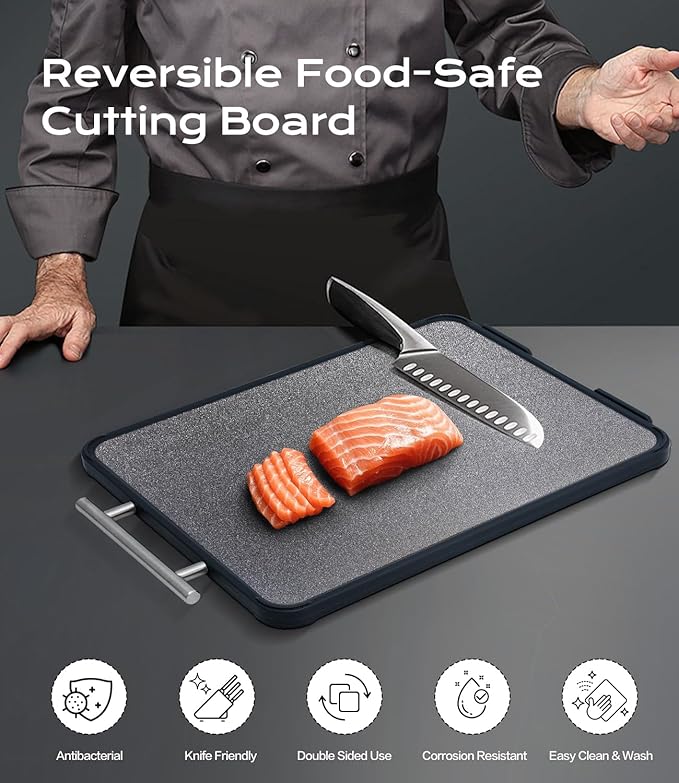 Titanium Cutting Board for Kitchen, Double Sided Non Toxic Cutting Board with Grinding Zone, Food-Grade Metal Chopping Board Pure Titanium & Wheat Straw PP Space Saving (14.5”×11”, 1 PC)