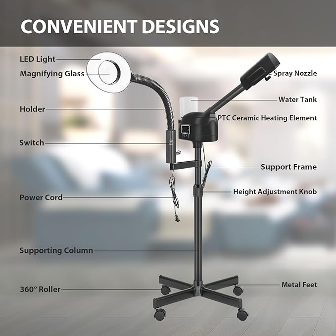 Professional Facial Steamer 2 in1 Steamer for Face 5X LED Magnifying Lamp Facial Steamer for Esthetician Beauty Face Equipment Use at Home or Salon（Black）-BrightBean Baby