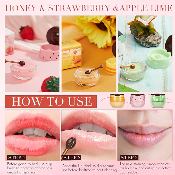 12 Pcs Bee Lip Balm Honey Pot with Brush Propolis Lip Mask Overnight, Moisturizing Hydrating Lip Sleeping Mask Prevention Dry and Cracked(Honey+Strawberry+Apple Lime)-BrightBean Baby
