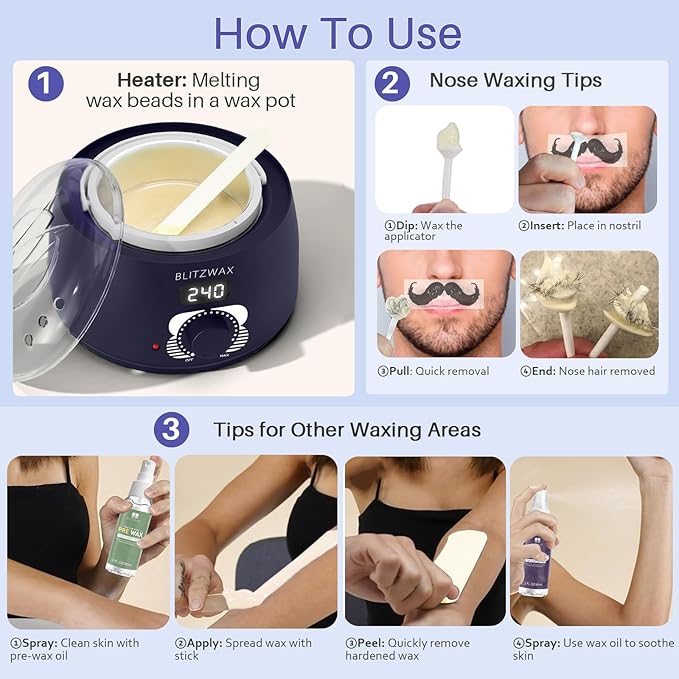 BLITZWAX Brazilian and Bikini Waxing Kit for Men, Hard Wax Warmer for Face, Legs, and Body, At Home Hair Removal Kit, Beginner Friendly, Quick Heating, 30 Nose Wax Sticks-BrightBean Baby