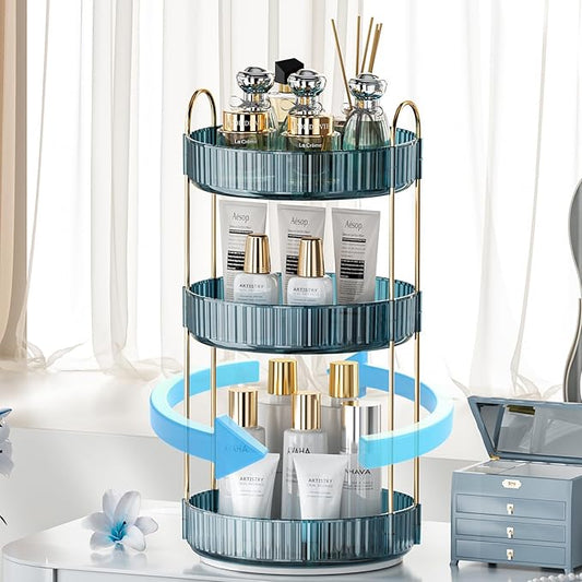360° Rotating Makeup Organizer, Bathroom Organizers and Storage Holder Rack, Large Capacity Vanity Shelf Countertop, Fits Cosmetics, Perfume, Skin Care(Blue, 3 Tiers)-BrightBean Baby