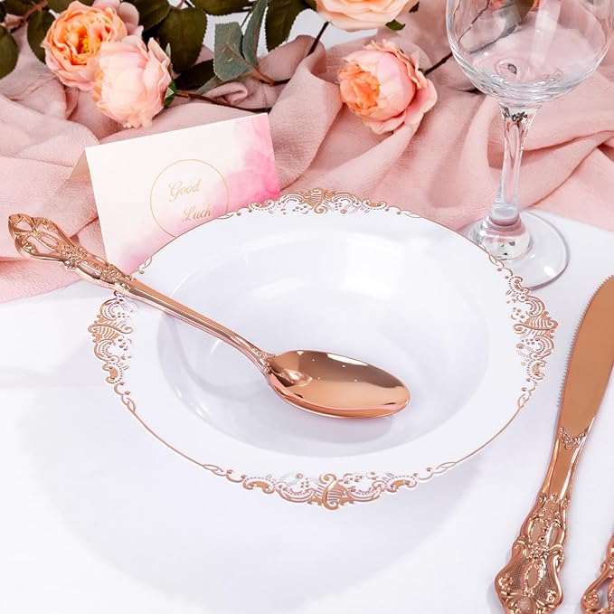 100PCS Rose Gold Plastic Bowls - 12 oz Disposable Salad Bowls - Heavy Duty Disposable Soup Bowl - Fancy Plastic Ice Cream Bowl for Weddings Parties Catering Picnics