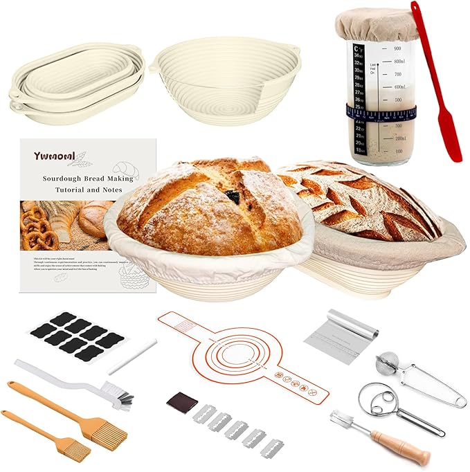 Sourdough Starter Kit, 26PCS Sourdough Bread Baking Supplies, Including a Sourdough Starter Jar (34OZ), Silicone Banneton Bread Proofing Basket Set of 2 (Silver cover, Large glass mouth)