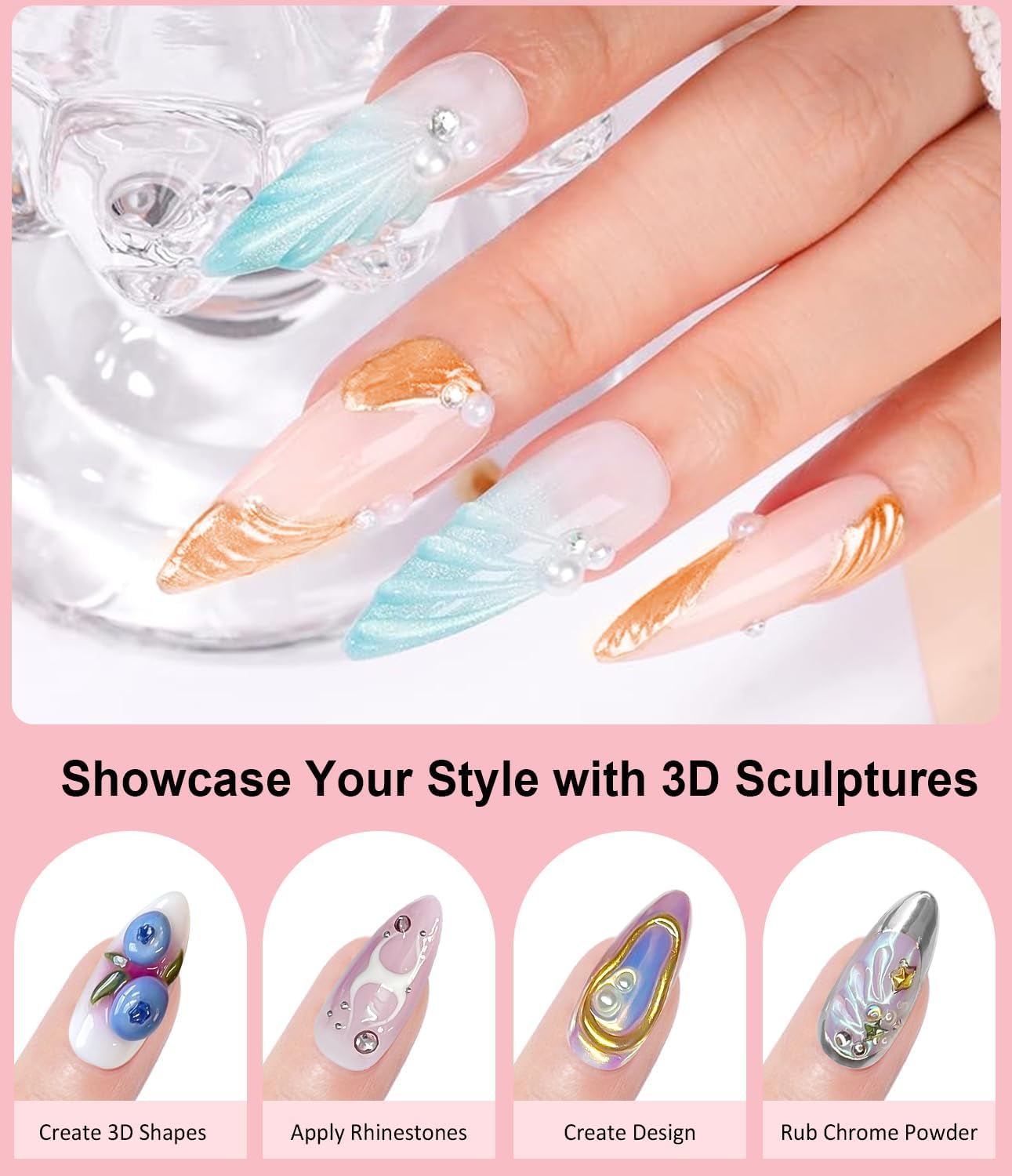 3D Gel Nail Art Design BISHENGYF - 15g Clear No Wipe Nail Polish Rhinestone Nail Art Glue with White Silver Chrome Powder Metallic Mermaid Effect Nail Powder for Nail DIY-BrightBean Baby