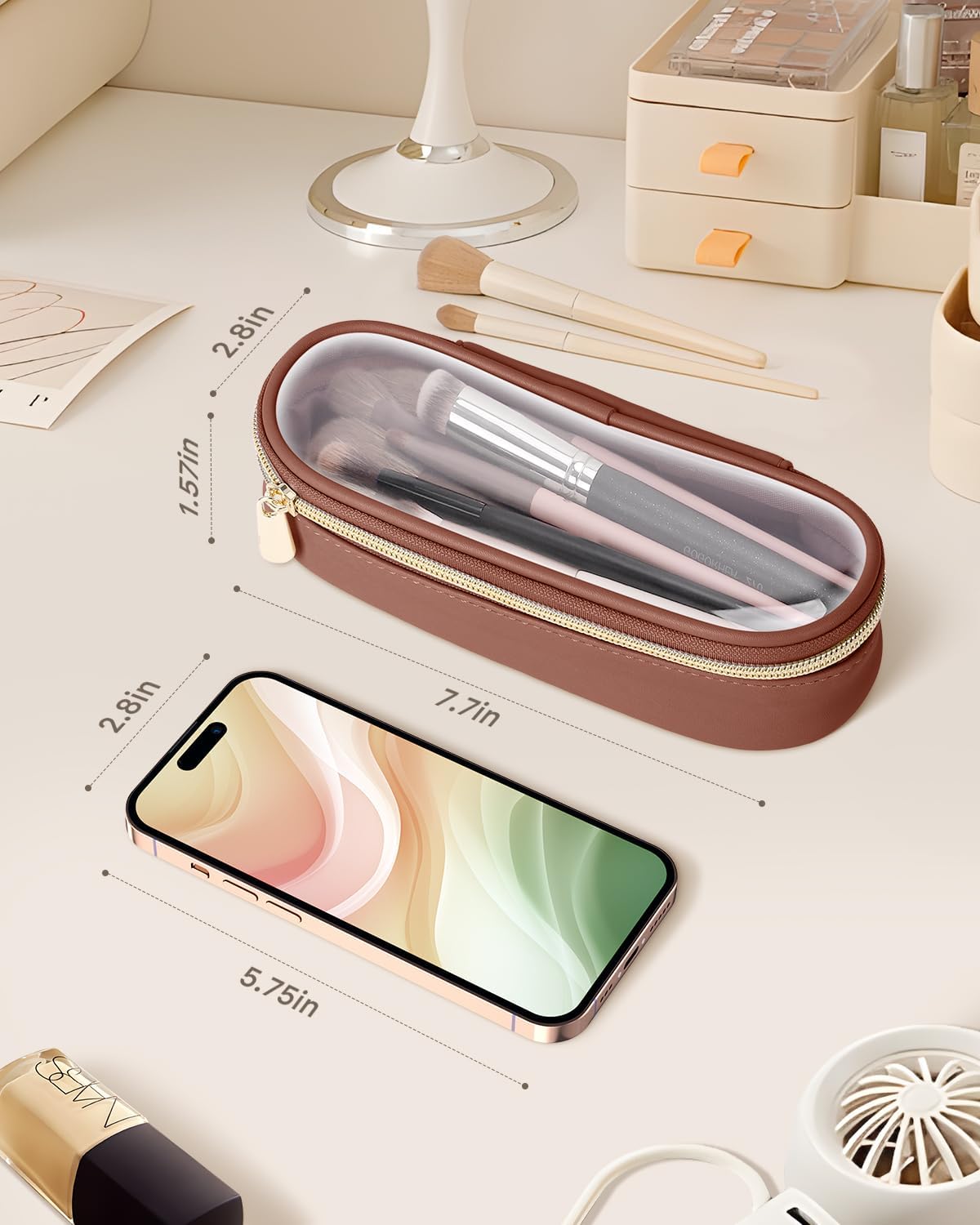 Clear Travel Makeup Brush Holder, Leather Makeup Brush Toiletry Bag, Portable Cosmetic Brush Case, Transparent Waterproof Makeup Brush Storage Bag, Brown-BrightBean Baby