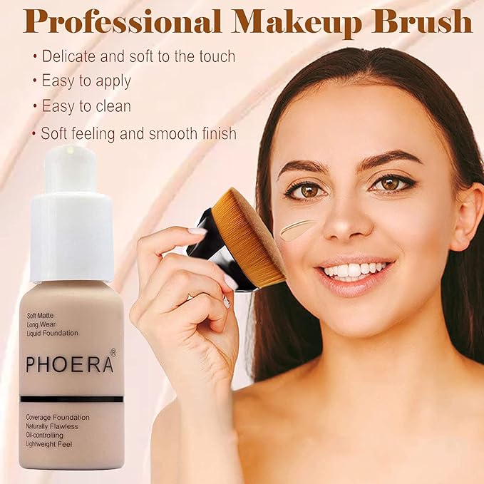 2 Pcs Liquid Foundation 101 and 102 with Kabuki Foundation Brush Flat Top,Full Coverage Foundation Makeup Set,30ml 24HR Matte Oil Control Concealer(Porcelain & Nude)-BrightBean Baby