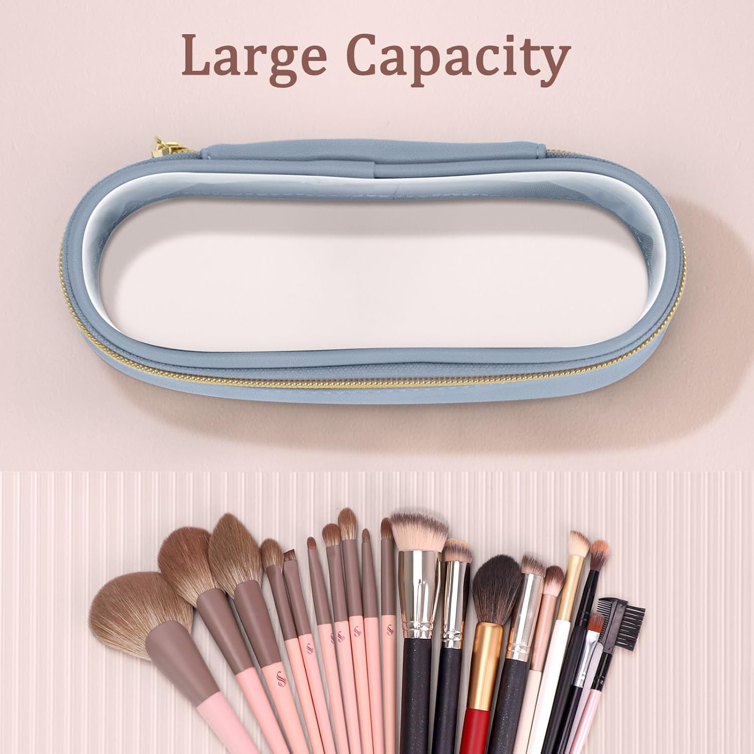 Clear Travel Makeup Brush Holder, Leather Makeup Brush Toiletry Bag, Portable Cosmetic Brush Case, Transparent Waterproof Makeup Brush Storage Bag, Blue-BrightBean Baby