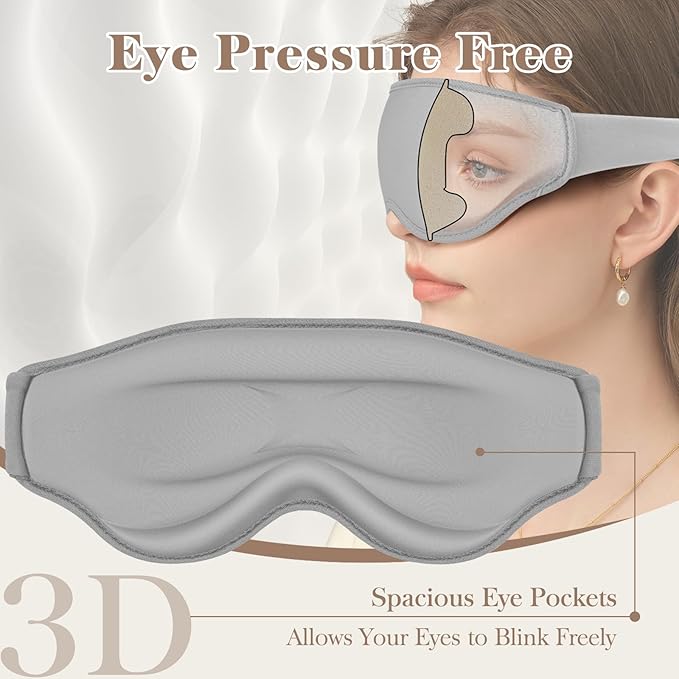 3D Cooling Eye Mask Sleep Mask for Men & Women, 100% Pressure-Free & Light Block-Out Eye Mask for Sleep with Easy Adjustable Strap, Night Eye Cover for Travel, Grey-BrightBean Baby