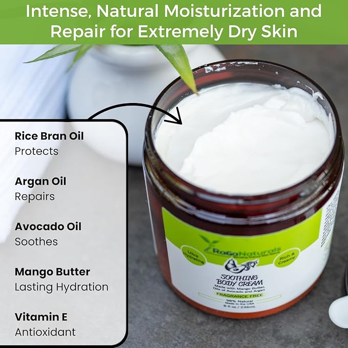 RaGaNaturals Natural Moisturizing Cream - Body & Face Moisturizer for Dry to Very Dry, Sensitive Skin - Unscented Body Cream with Vitamin E & Avocado, Argan Oil - Non-Comedogenic, Fragrance Free -8 Oz-BrightBean Baby