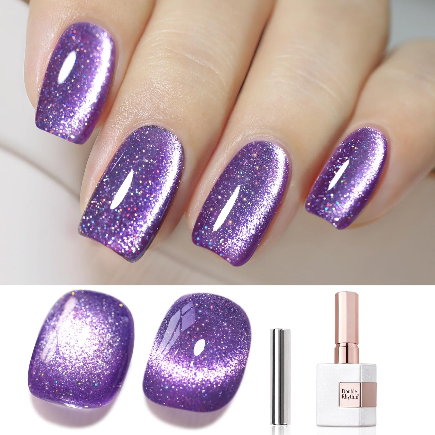 Double Rhythm Cat Eye Gel Polish with Magnet 15ML Jelly Glass Holographic Glitter Shimmer Translucent Sheer Color Magnetic Gel Polish Salon DIY at Home (Dark Purple-MC1066)-BrightBean Baby