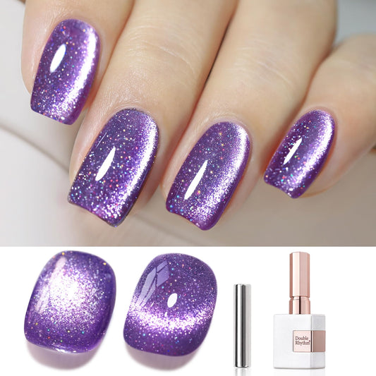 Double Rhythm Cat Eye Gel Polish with Magnet 15ML Jelly Glass Holographic Glitter Shimmer Translucent Sheer Color Magnetic Gel Polish Salon DIY at Home (Dark Purple-MC1066)-BrightBean Baby