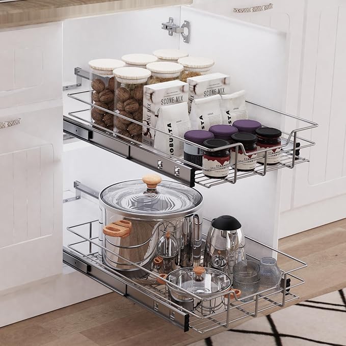 Pull Out Cabinet Organizer 14" W X 17" D, Slide Out Drawers For Kitchen Organizers and Storage, Pull Out Drawers For Cabinets Capacity Heavy Duty Caddy, Cabinet Shelves Chrome-Plated, Bathroom Pantry