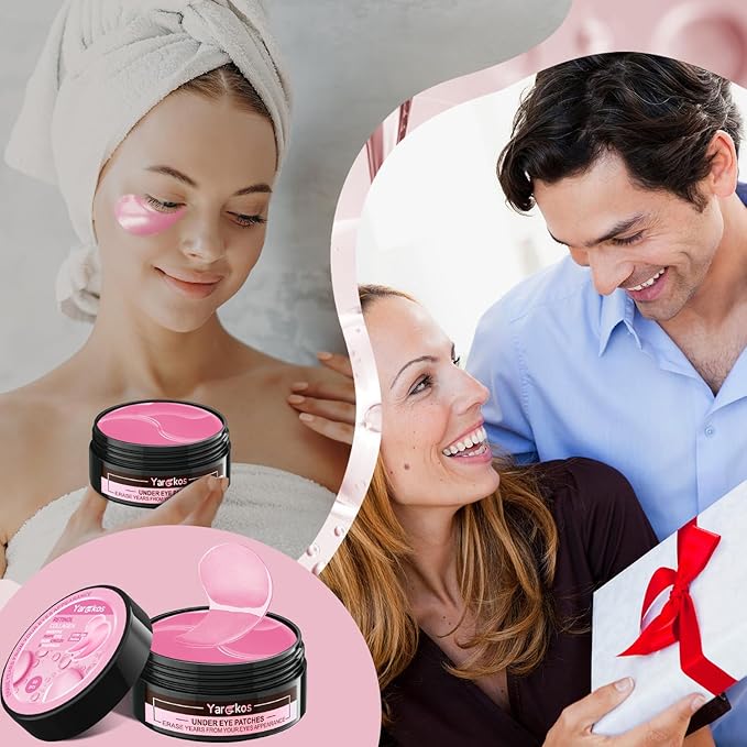 60 Pcs Pink Under Eye Patches with 5 Pieces Travel 24K Gold Eye Mask, 30 Pairs Undereye Mask for Dark Circles Puffy Eye Treatment, Collagen Gel Pads Hydrating for Eye Bag Puffiness Wrinkle-BrightBean Baby