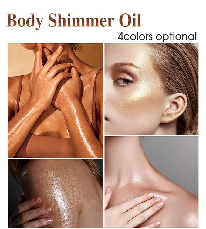 Shimmer Body Oil Golden Brown, Illuminator Highlighter for Face & Body Makeup Shine, Non-Sticky Body Moisturizing For All Skin Types, Fast Absorbing & lightweight Body Oil For Women-BrightBean Baby