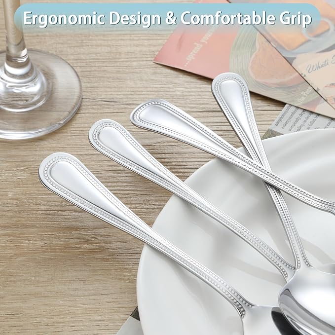 24 PCS Spoons and Forks Set, Food Grade Stainless Steel with Pearl Dot Design Handle Silverware Set, Mirror Polished Dishwasher Safe, Silverware Forks and Spoons for Home or Restaurant