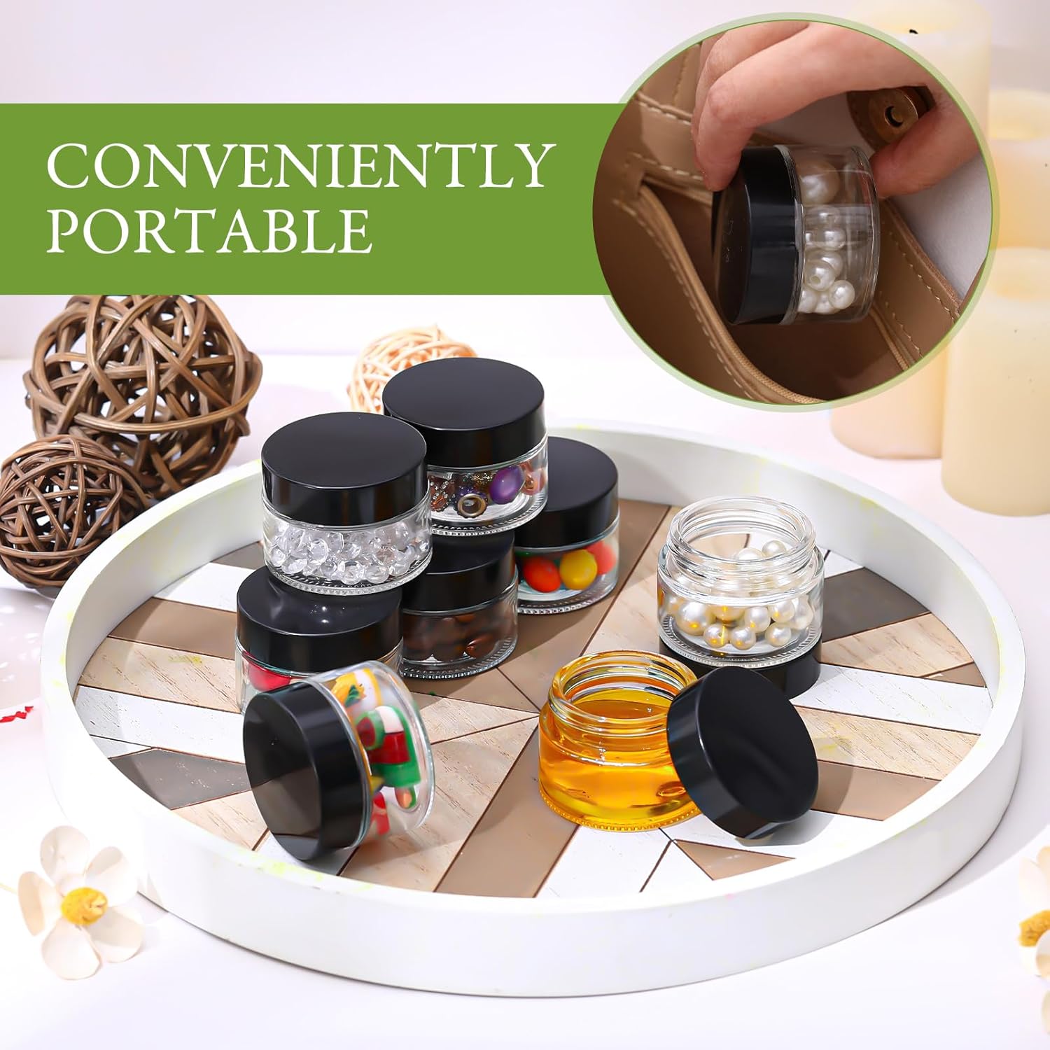 Domensi 100 Pcs 1 oz Glass Jars with Lids Bulk Round Glass Cosmetic Jars Lids 1 oz Small Travel Containers with Inner Liner for Lotions Powders Ointments Sample Cream(Clear, Black)-BrightBean Baby
