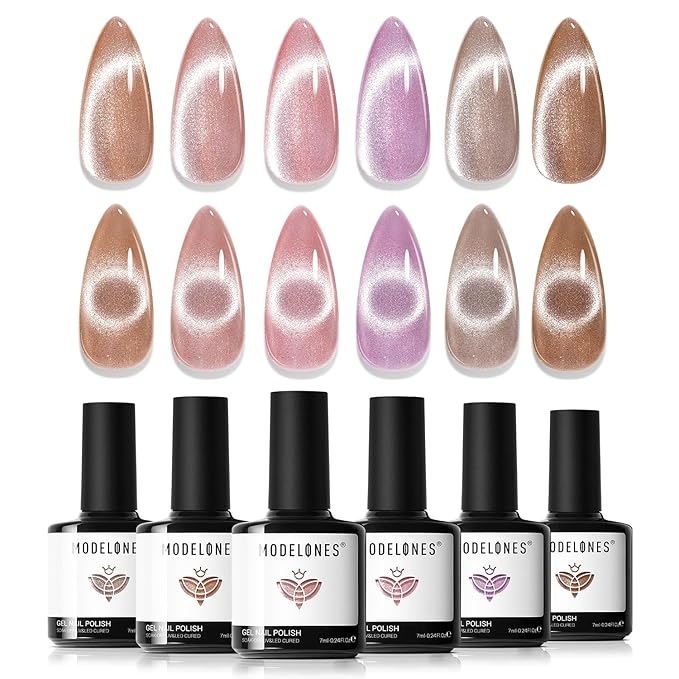 modelones Cat Eye Gel Nail Polish 6 Colors Nude Pink Brown Purple Cat Eye Nail Polish Glitter Semi-transparent Holographic 9D With Magnet Pastel All Seasons Soak Off Led Nail Art DIY Salon Gifts-BrightBean Baby