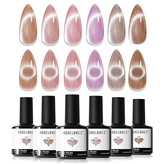 modelones Cat Eye Gel Nail Polish 6 Colors Nude Pink Brown Purple Cat Eye Nail Polish Glitter Semi-transparent Holographic 9D With Magnet Pastel All Seasons Soak Off Led Nail Art DIY Salon Gifts-BrightBean Baby