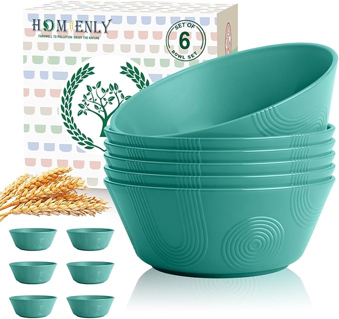 Homienly Wheat Straw Bowl Sets of 6-36oz Cereal Bowls,Microwave and Dishwasher Safe Bowls,Soup Bowl Sets Alternative for Plastic Bowls for Serving Soup,Salad(Green)