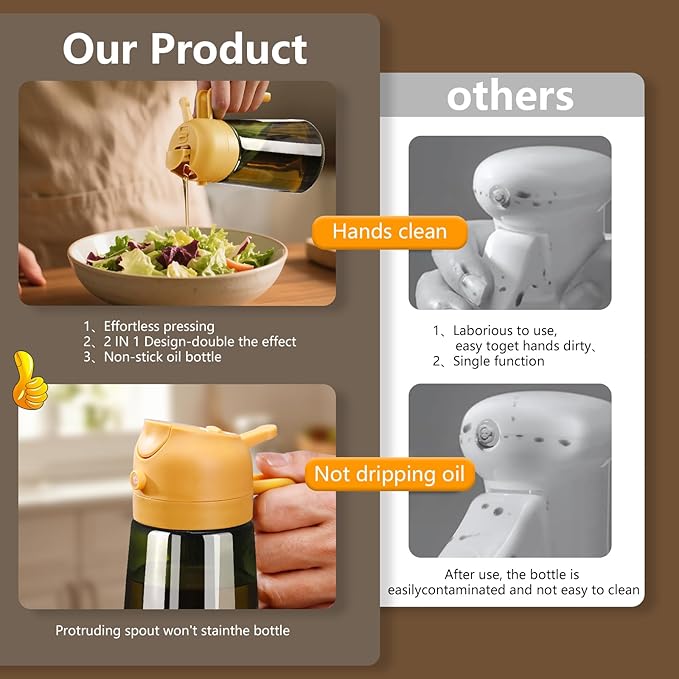 Olive Oil Dispenser and Oil Sprayer – 16oz/470ml Glass Light-Proof Oil Pourer for Kitchen, Air Fryer, Cooking, Salad, and BBQ